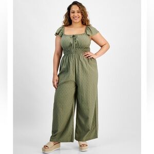 Smocked Wide-Leg Jumpsuit in Olive Green